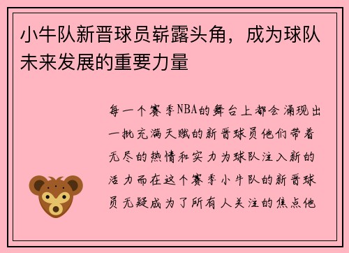 小牛队新晋球员崭露头角，成为球队未来发展的重要力量